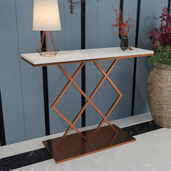 Copper Finish Console Table In Geometric Criss Cross Pattern