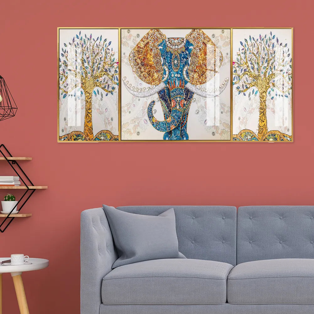 The Golden Elephant Prosperity Triptych: Jeweled Acrylic Canvas Set