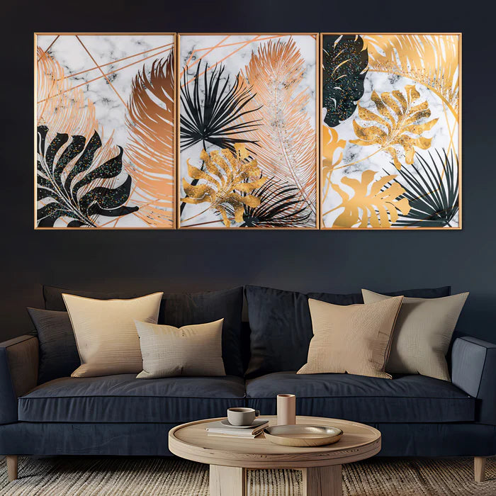 Botanical Leaves Framed Crystal Glass Painting Set of 3