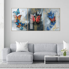3-Panel Butterfly Wall Art: Colorful Butterflies on Grey & Gold Abstract | Modern Triptych