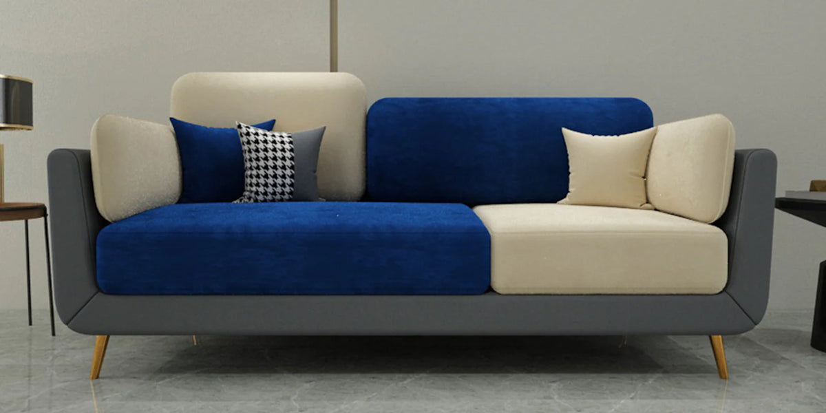 3 Seater Blue & Beige Colour Block Sofa | Two-Tone 3 Seater Velvet Sofa