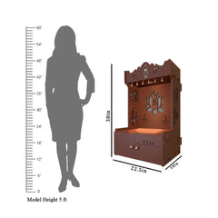 Lotus Pattern MDF Wood Temple with Spacious Shelf & Inbuilt Focus Light- Brown with Beautiful Meditation Gautam Buddha Acrylic  canvas painting