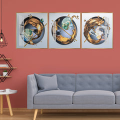 Luxury  Abstract Wall Art: Gold Splash & Cosmic Spheres Triptych (Set of 3)