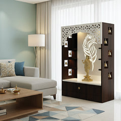 Premium Quality Temple with Inbuilt Focus Light & Spacious Wooden Shelf Walnut Color