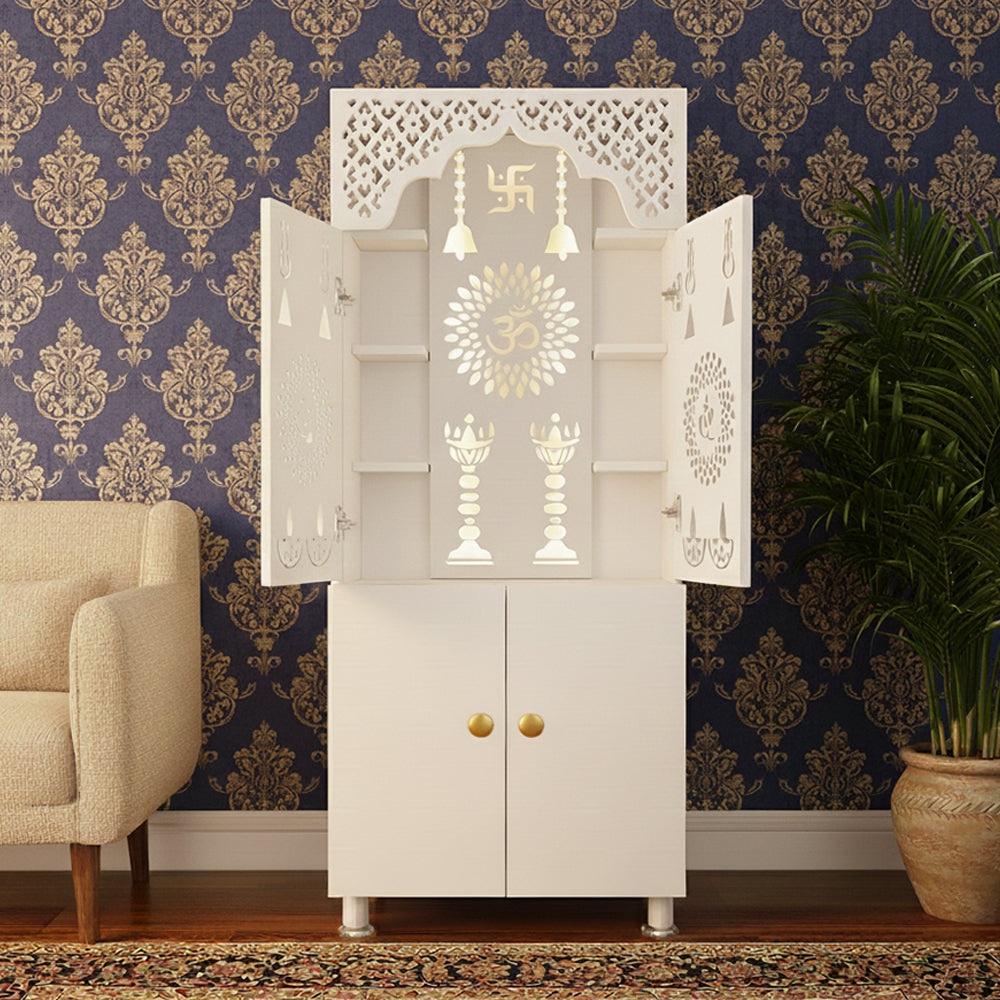 Minimalist White Pooja Mandir with Om Design | Home Temple Storage Unit