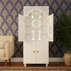 Minimalist White Pooja Mandir with Om Design | Home Temple Storage Unit