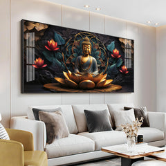 Divine Buddha on Golden Lotus Premium Acrylic Glass Painting