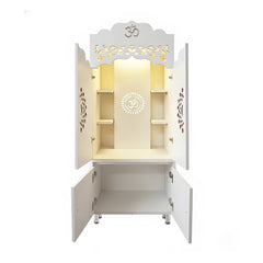 Premium White MDF Temple Cabinet | White Pooja Mandir with Doors & LED