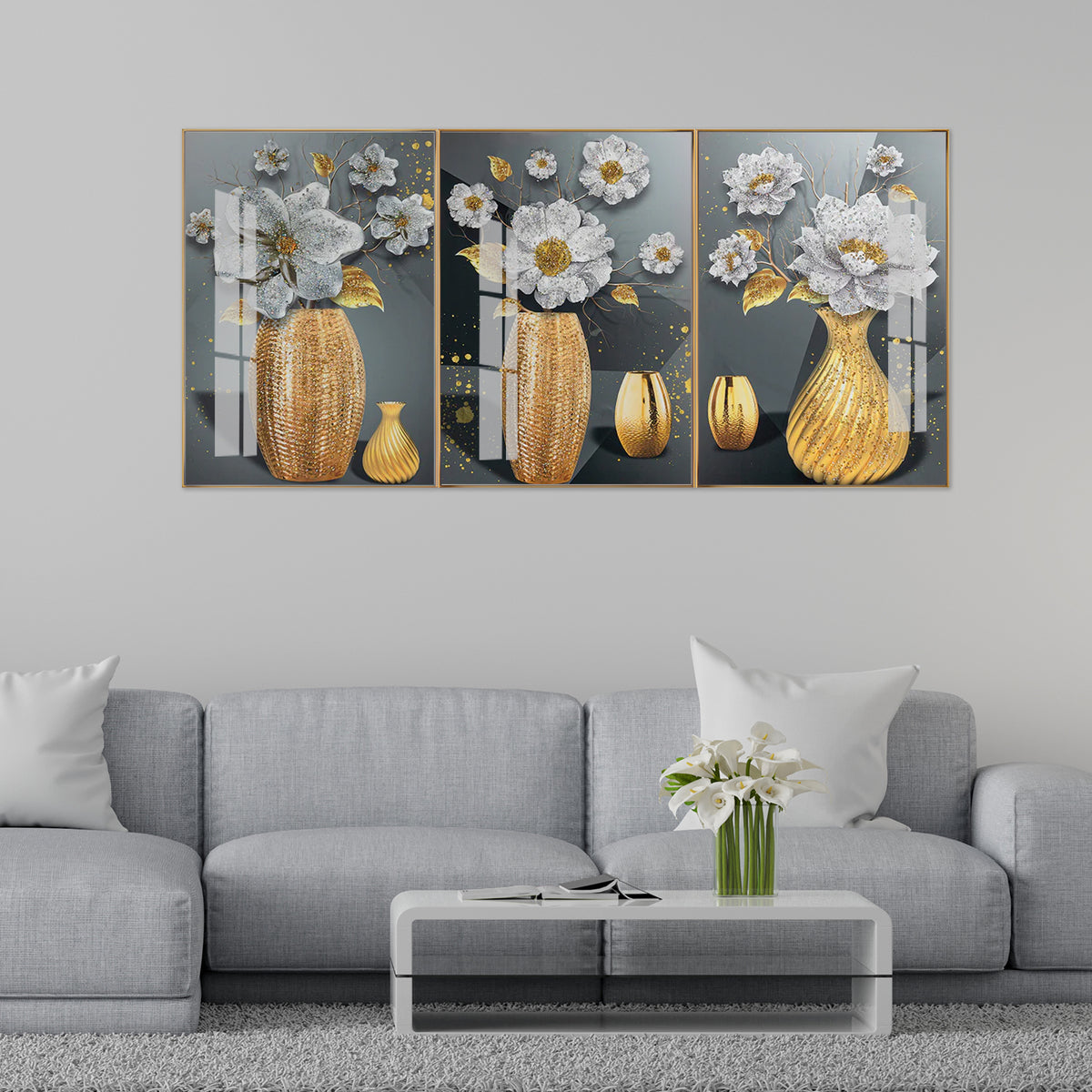 Luxury 3-Panel Floral Wall Art: Gold Vase, White Flowers on Dark Grey | Premium Triptych