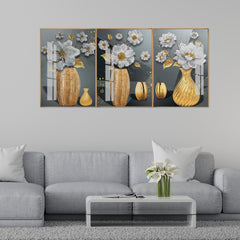 Luxury 3-Panel Floral Wall Art: Gold Vase, White Flowers on Dark Grey | Premium Triptych