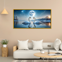 Romantic Scenery Swans Birds Frozen Lake Full Moon Winter Night