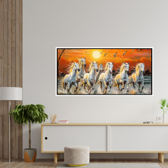 Premium 7 Running Horses at Sunrise Vastu Canvas Wall Painting with Floating Frame