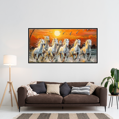 Premium 7 Running Horses at Sunrise Vastu Canvas Wall Painting with Floating Frame