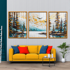 Abstract Mountain Lake Landscape with Pine Trees and Soaring Birds-3-Piece Framed Canvas Acrylic Wall Art