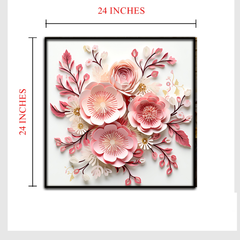 3D Floral Wall Art – Elegant Pink and Blush Paper Flower Arrangement with Dark Rose Accents in Black Frame