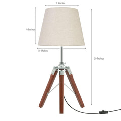 Tripod Table Lamp Wooden Brown Polished and Stainless Steel 19 Inches Height with 10 inches Off White Lampshade