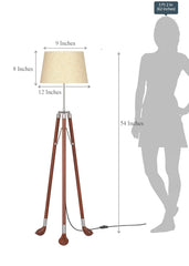 Golf Legs Tripod Floor Lamp Standing Wooden Brown Polished Silver with 12 Inches Jute Lampshade