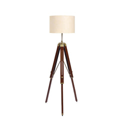 Wooden Tripod Floor Lamp 3 Legs Standing Brown Polished Brass Antique Adjustable 5ft Height with 16 inches Off White Drum Lampshade