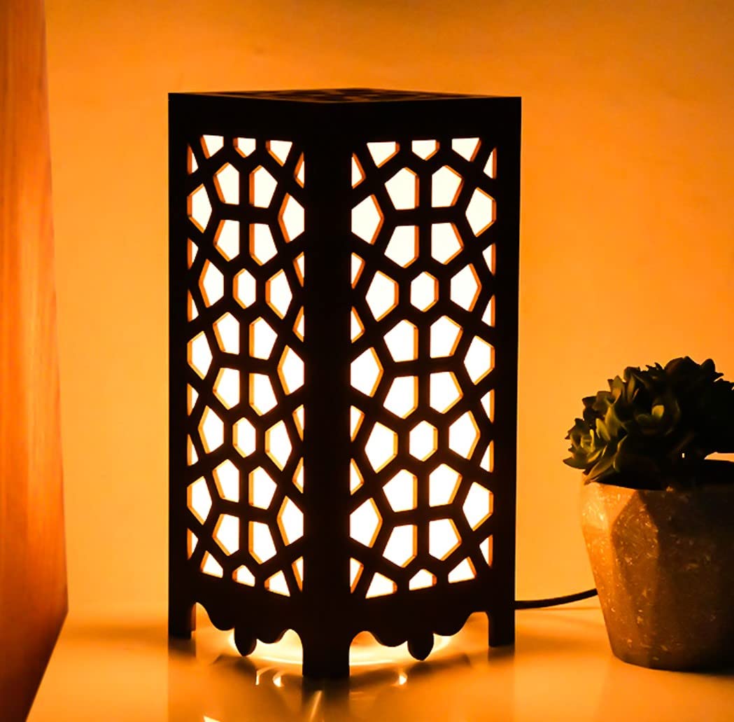 Geometric Lattice Table Lamp - Unique Wooden Cutout