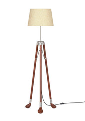 Golf Legs Tripod Floor Lamp Standing Wooden Brown Polished Silver with 12 Inches Jute Lampshade