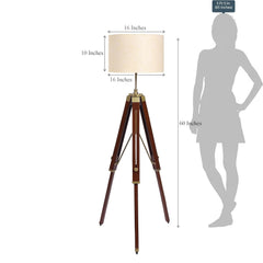 Wooden Tripod Floor Lamp 3 Legs Standing Brown Polished Brass Antique Adjustable 5ft Height with 16 inches Off White Drum Lampshade