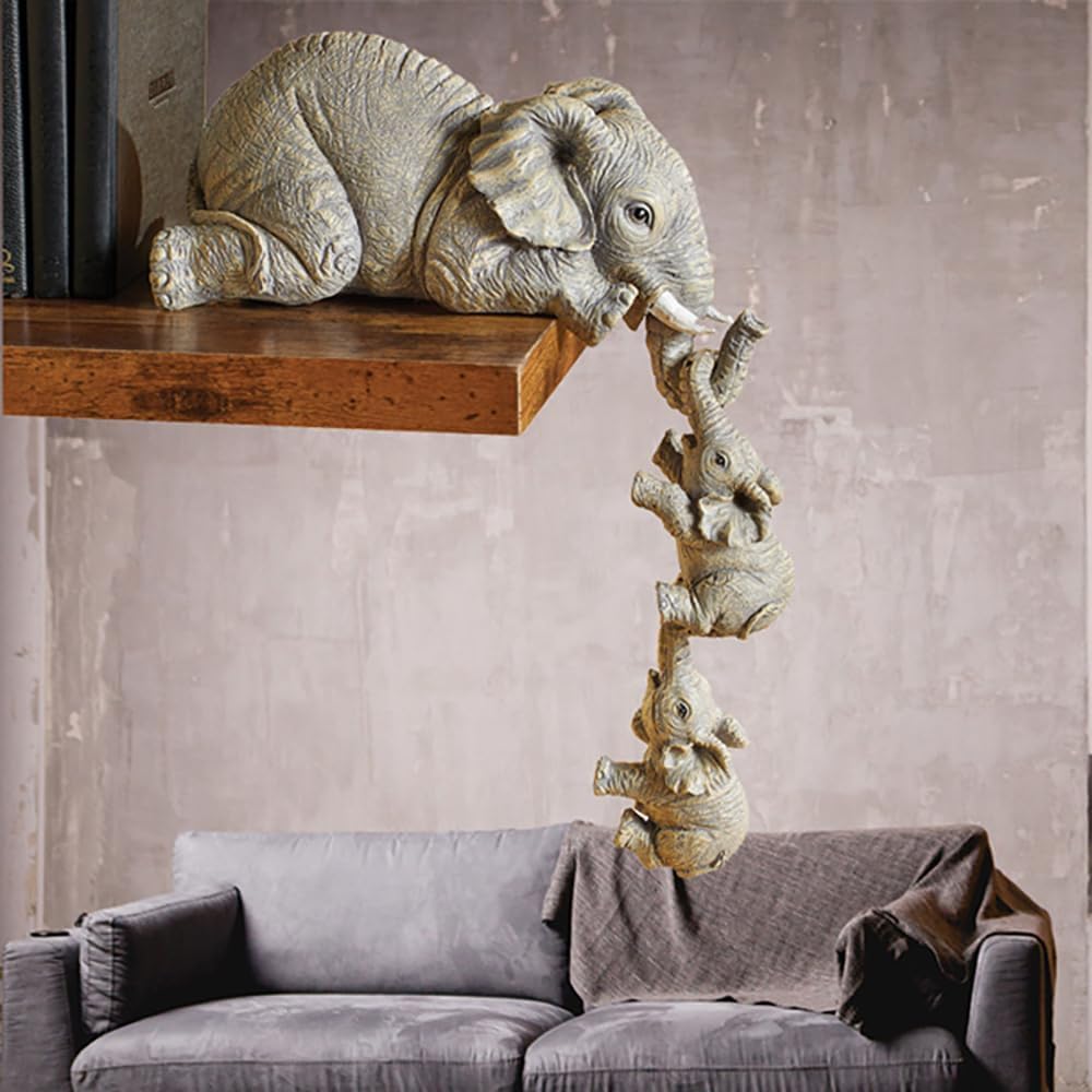 Premium Set of 3 Realistic Elephant Sitter Hand-Painted Figurines, Mother and Two Babies Hanging Off The Edge of A Shelf Or Table Decorative Items Showpiece for Living Room