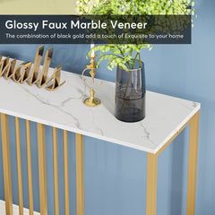 Narrow Long Faux White Marble Gold Console Table