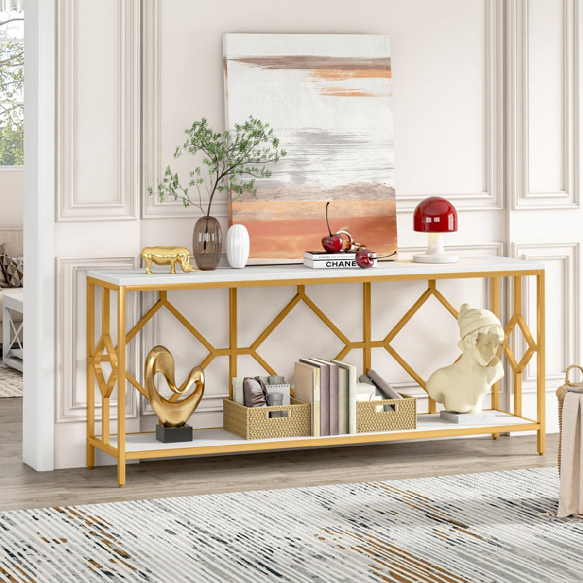 Extra Long White Gold Durable Marble 2 Tier Console Table