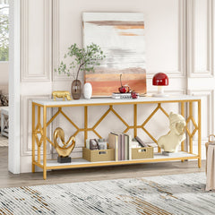 Extra Long White Gold Durable Marble 2 Tier Console Table