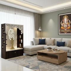 Premium Quality Temple with Inbuilt Focus Light & Spacious Wooden Shelf Walnut Color
