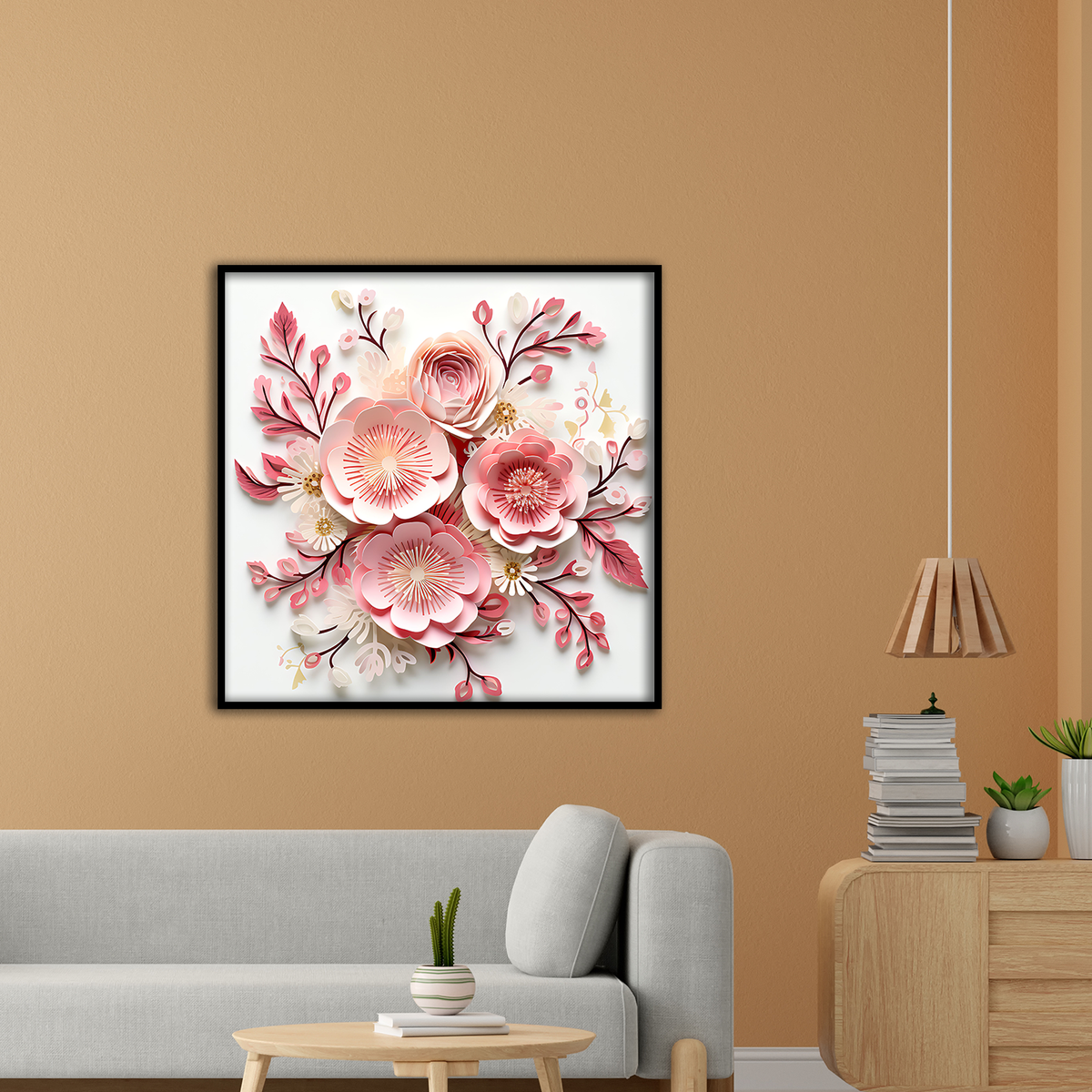 3D Floral Wall Art – Elegant Pink and Blush Paper Flower Arrangement with Dark Rose Accents in Black Frame