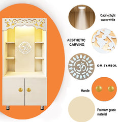 Luxury White Home Temple with LED Backlight & $Om$ Design | Pooja Mandir Storage