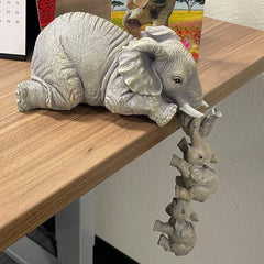 Premium Set of 3 Realistic Elephant Sitter Hand-Painted Figurines, Mother and Two Babies Hanging Off The Edge of A Shelf Or Table Decorative Items Showpiece for Living Room