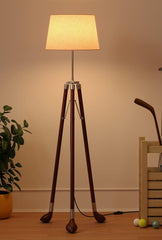 Golf Legs Tripod Floor Lamp Standing Wooden Brown Polished Silver with 12 Inches Jute Lampshade