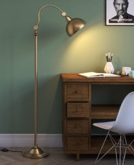 Vintage Curved Reading Task Floor Lamp Standing Brass Antique Adjustable, Moveable Neck and Shade to Focus Light