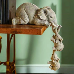 Premium Set of 3 Realistic Elephant Sitter Hand-Painted Figurines, Mother and Two Babies Hanging Off The Edge of A Shelf Or Table Decorative Items Showpiece for Living Room