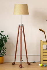 Golf Legs Tripod Floor Lamp Standing Wooden Brown Polished Silver with 12 Inches Jute Lampshade