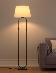 Modern Loop Floor Lamp Standing Black 5ft Height with Off White Lampshade 16 inches