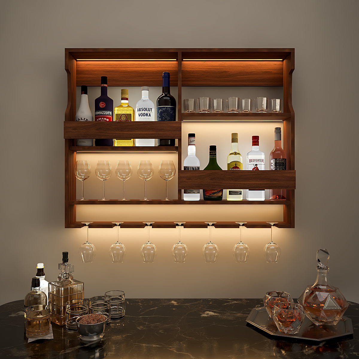 Luxurious Backlit Walnut-Finished Bar Shelf / Mini Bar Cabinet