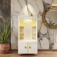Luxury White Home Temple with LED Backlight & $Om$ Design | Pooja Mandir Storage