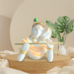 Abstract Sitting Lord Krishna Flute Player Statue - Gold & White Temple Decor