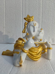 Abstract Sitting Lord Krishna Flute Player Statue - Gold & White Temple Decor