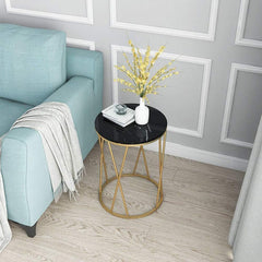 Premium Designer Round Shaped Golden Artistic Side Table with Black Marble
