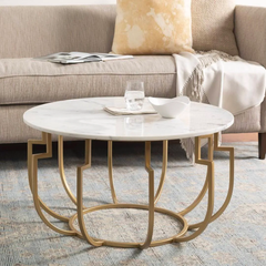 Minimalist Two-Tier Golden Metal Finish with White Marble Center Table