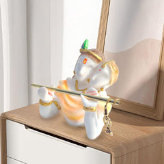 Abstract Sitting Lord Krishna Flute Player Statue - Gold & White Temple Decor