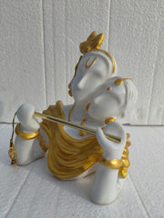 Abstract Sitting Lord Krishna Flute Player Statue - Gold & White Temple Decor