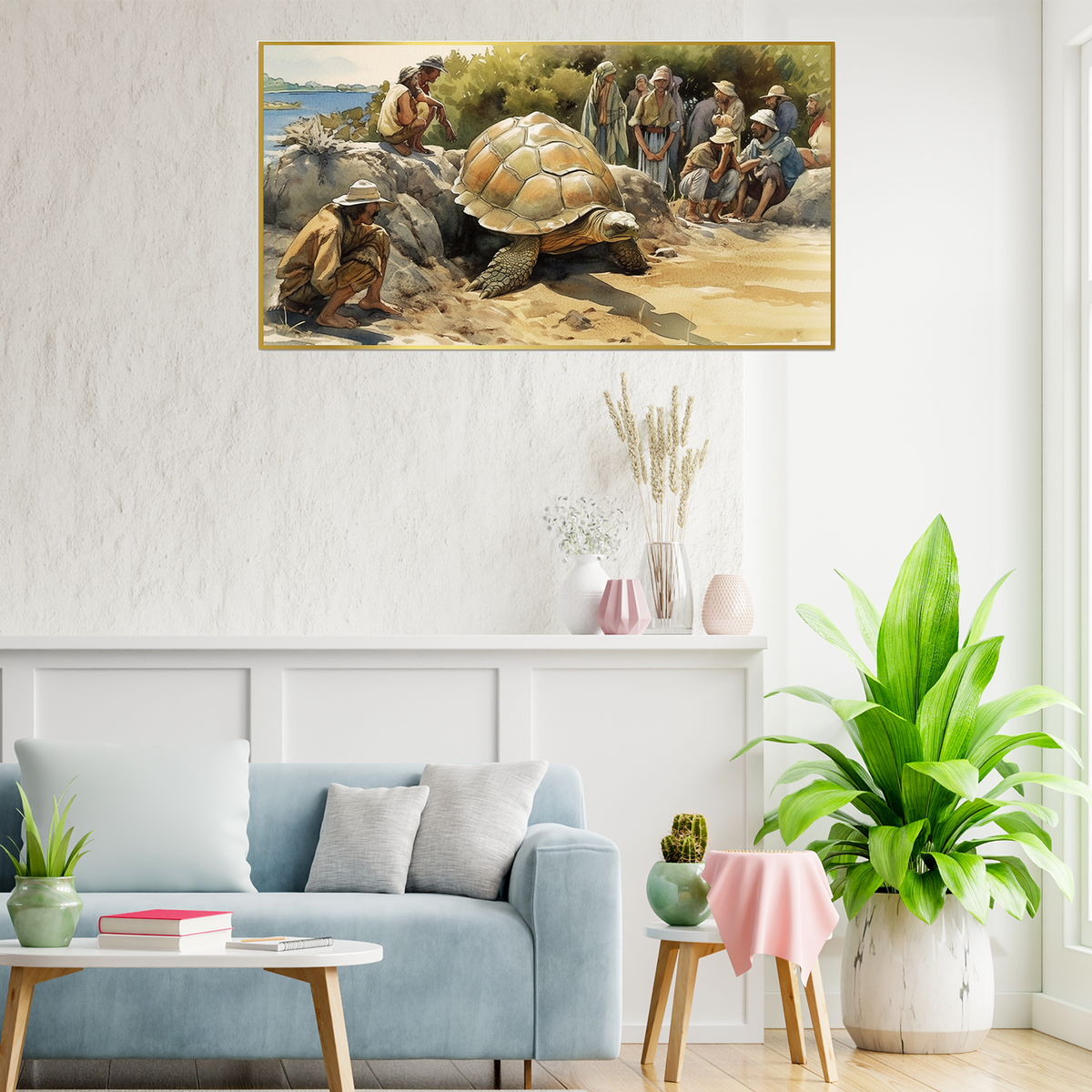 Painting Turtle Rocky Area With People Looking It Canvas Wall Paintings