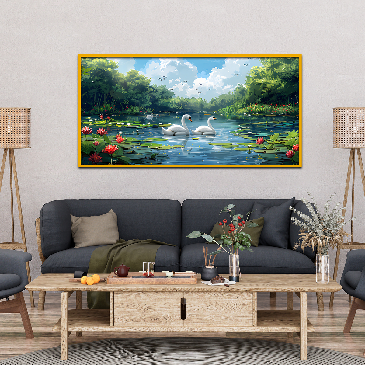 Beautifull Realistic Swan Birds Quaint Cartoon Pond with Jumping Frogs Canvas Wall Paintings