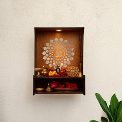 Aesthetic Wooden Temple for Home with Spacious Shelf & Inbuilt Focus Light