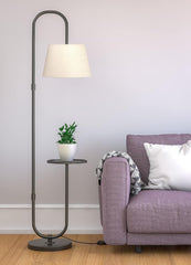 Modern Shelf Floor Lamp Standing Black 5ft Height with 10 Inches Shelf Diameter and Off White Lampshade